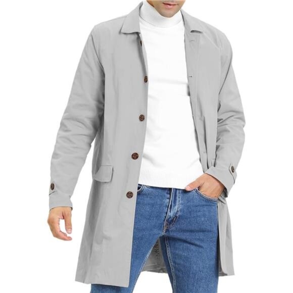 Mens Trench Coat Slim Fit Single Breasted Light Grey - Picture 1 of 5
